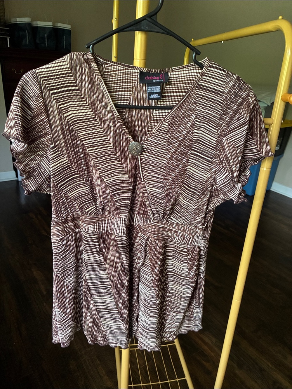 Notations Brown and Cream Striped V-Neck Short Sleeve Blouse